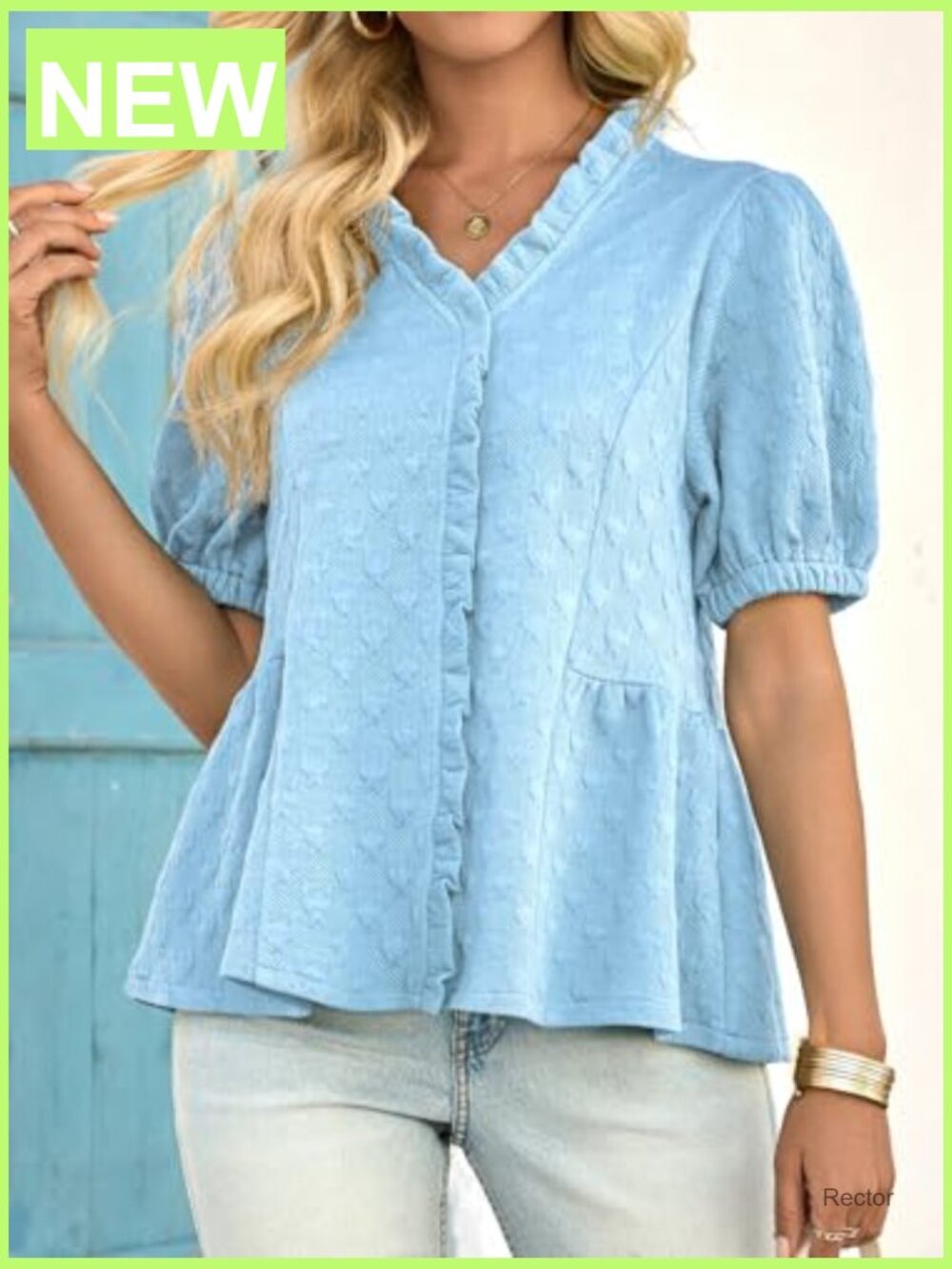 Womens Peplum Puff Sleeve Top V Neck Ruffle Blouse Dressy Casual Textured - Picture 2 of 7